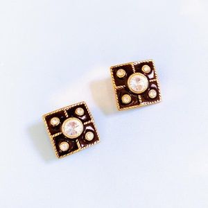 Vintage Black & Gold Two Toned Crystal Square Earrings